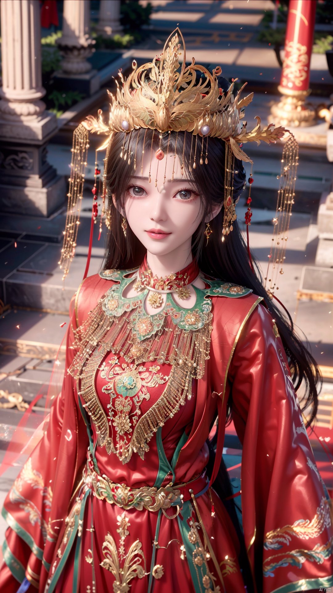 1girl, solo, red dress, jewelry, looking at viewer, long hair, dress, earrings, hair ornament, mischevious smile, perfect body, scenery, sharp focus, best quality, masterpiece, detailed outfit, illustration, perfect eyes, finely detailed beautiful anime eyes, realistic skin, intricate details, best lighting, depth of field, ultra high resolution,cowboy_shot, dynamic pose, dynamic angle,