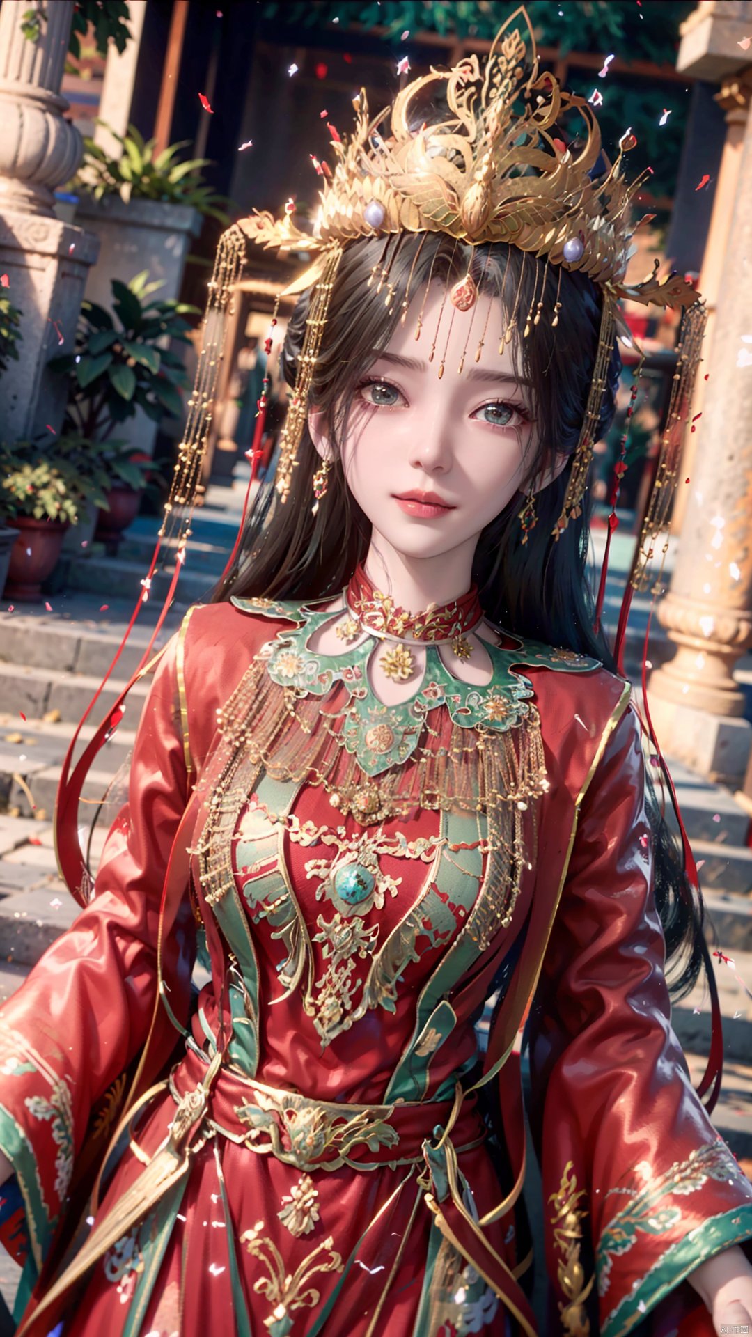 1girl, solo, red dress, jewelry, looking at viewer, long hair, dress, earrings, hair ornament, mischevious smile, perfect body, scenery, sharp focus, best quality, masterpiece, detailed outfit, illustration, perfect eyes, finely detailed beautiful anime eyes, realistic skin, intricate details, best lighting, depth of field, ultra high resolution,cowboy_shot, dynamic pose, dynamic angle,