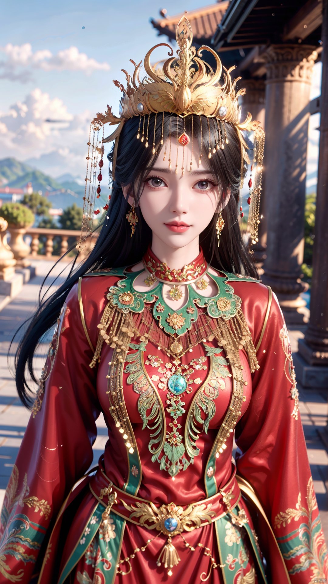 1girl, solo, red dress, jewelry, looking at viewer, long hair, dress, earrings, hair ornament, mischevious smile, perfect body, scenery, sharp focus, best quality, masterpiece, detailed outfit, illustration, perfect eyes, finely detailed beautiful anime eyes, realistic skin, intricate details, best lighting, depth of field, ultra high resolution,cowboy_shot, dynamic pose, dynamic angle,