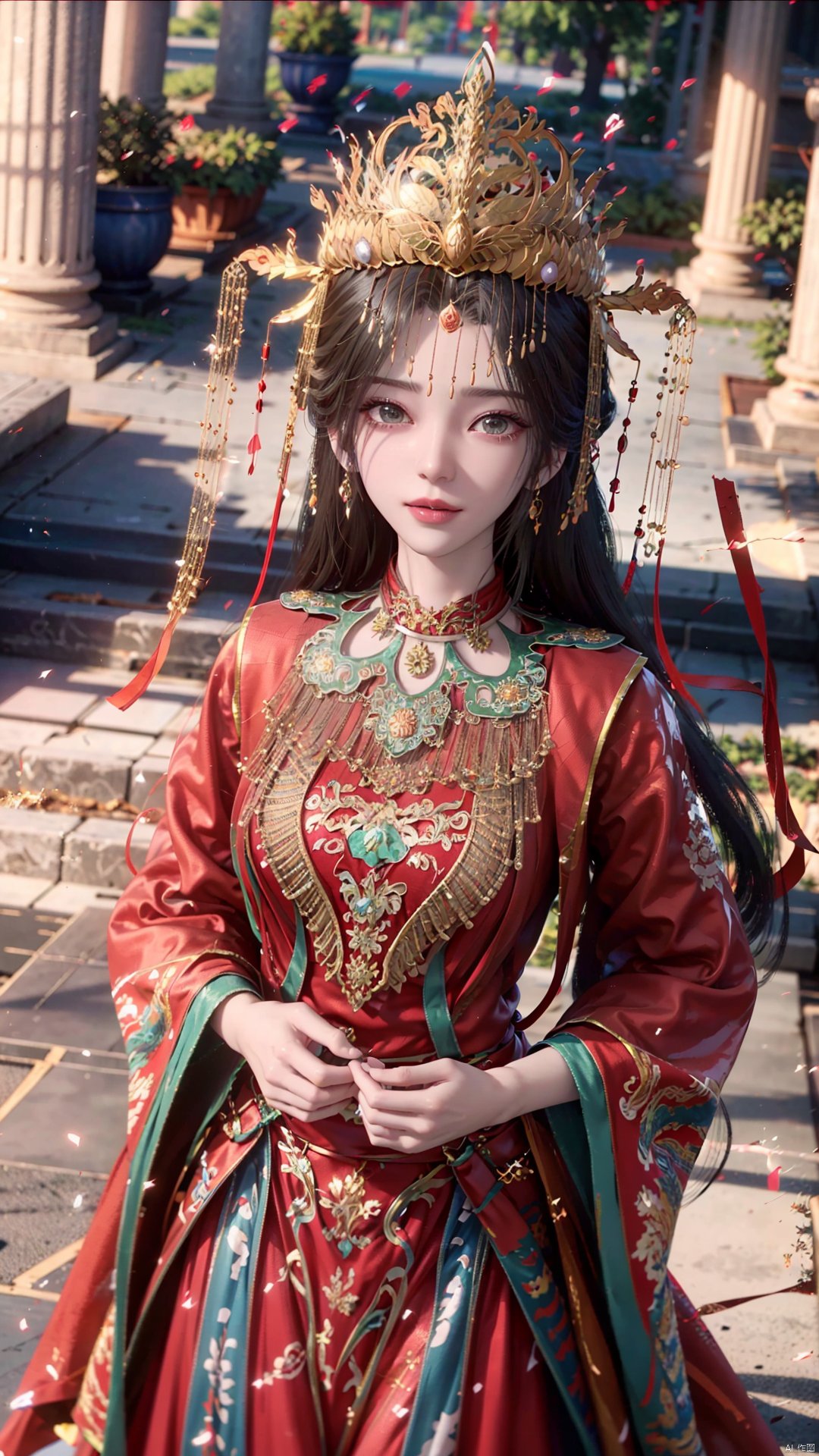 1girl, solo, red dress, jewelry, looking at viewer, long hair, dress, earrings, hair ornament, mischevious smile, perfect body, scenery, sharp focus, best quality, masterpiece, detailed outfit, illustration, perfect eyes, finely detailed beautiful anime eyes, realistic skin, intricate details, best lighting, depth of field, ultra high resolution,cowboy_shot, dynamic pose, dynamic angle,