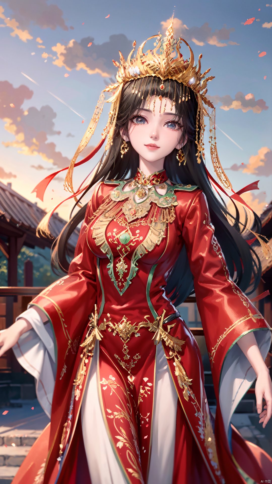 1girl, solo, red dress, jewelry, looking at viewer, long hair, dress, earrings, hair ornament, mischevious smile, perfect body, scenery, sharp focus, best quality, masterpiece, detailed outfit, illustration, perfect eyes, finely detailed beautiful anime eyes, realistic skin, intricate details, best lighting, depth of field, ultra high resolution,cowboy_shot, dynamic pose, dynamic angle,