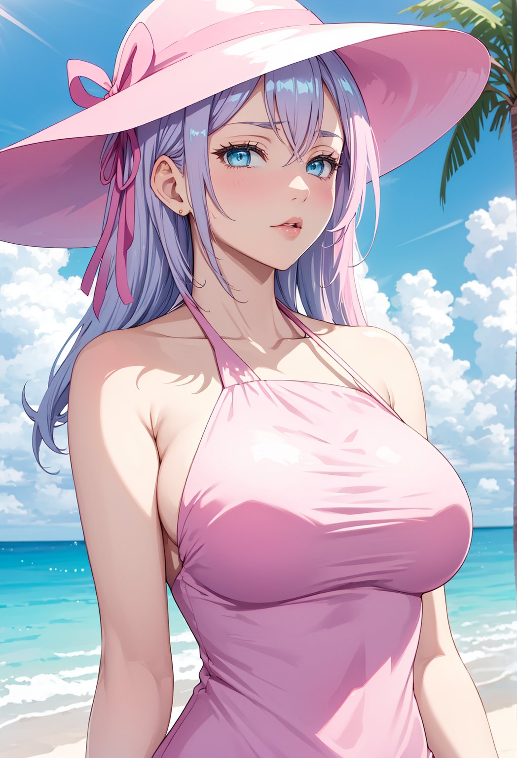  ((pink halter dress)), sun hats1:3, in agarde, (1girl), alisa, blue eyes, light pink hair, 
red ribbon on the left side of the head,