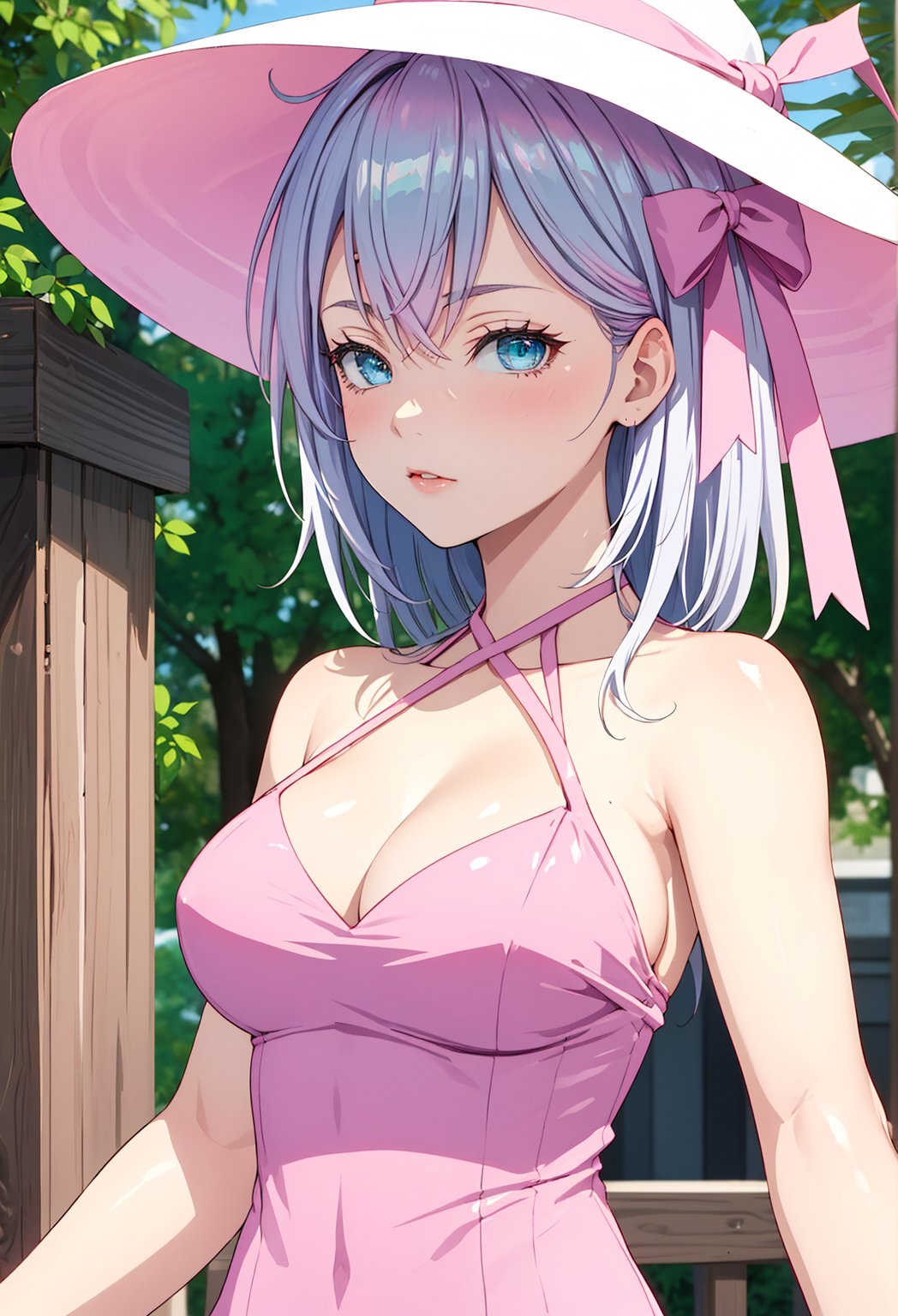  ((pink halter dress)), sun hats1:3, in agarde, (1girl), alisa, blue eyes, light pink hair, 
red ribbon on the left side of the head,