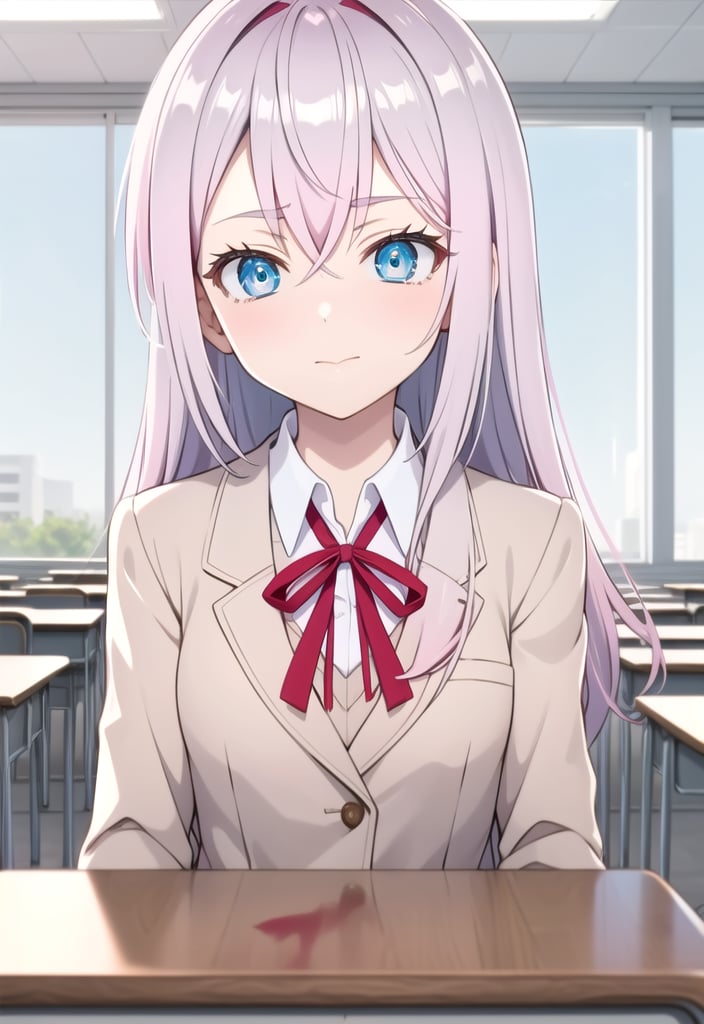 high quality,4k quality, high resolution,alisa, blue eyes, light pink hair,thin ribbon in the hair, alisaerk, school uniform, in the classroom, 
red ribbon in hair,