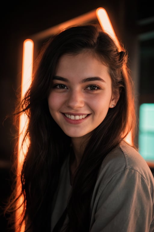 professional soft lighting, dark theme, cinematic, (neon light), smiling,  Caucasian girl, 18 years old, portrait, indoors, 