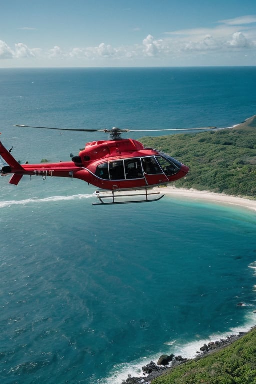 helicopter, movie still, ocean, (island:1.2), (clouds:0.4), epic, film grain