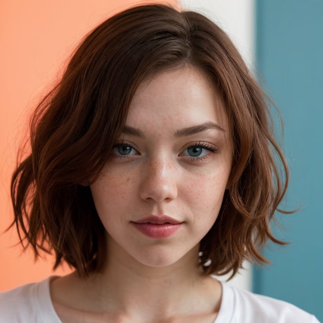 deep blue background room with no other lights, stunning beautiful lady, very long bright fiery red hair, few cute freckles, violett shirt, very close upseductively wicked look with pouting kiss lips,very expressive eyes, masterpiece, best quality, photorealistic,  (light smile:0.8)