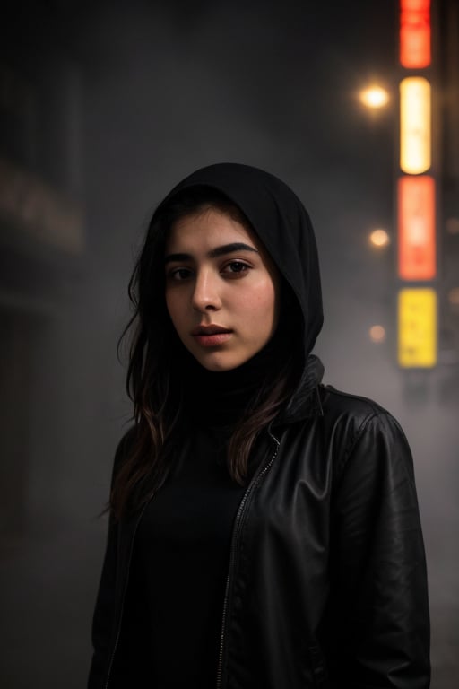 city street, neon, fog, volumetric, closeup portrait photo of arabic young woman in dark clothes