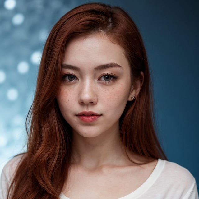 deep blue background room with no other lights, stunning beautiful lady, japanese, korean, pale skin, very long bright fiery red hair, few cute freckles, violett shirt, very close upseductively wicked look with pouting kiss lips,very expressive eyes, masterpiece, best quality, photorealistic,  (light smile:0.8)