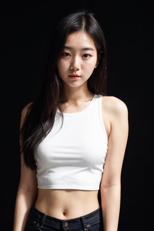 dark background, instagram photo, front shot, portrait photo of a 24 y.o korean woman, wearing crop top, beautiful face, cinematic shot