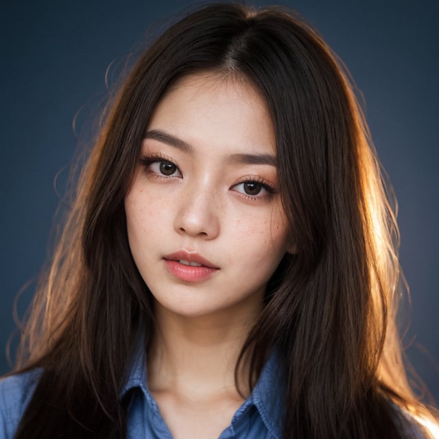 deep blue background room with no other lights, stunning beautiful lady, japanese, korean, pale skin, very long black hair, few cute freckles, violet shirt, very close upseductively wicked look with pouting kiss lips,very expressive eyes, masterpiece, best quality, photorealistic,  (light smile:0.8)