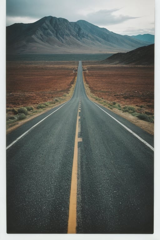 polaroid photo of a extreme road, warm tones, perfect landscape