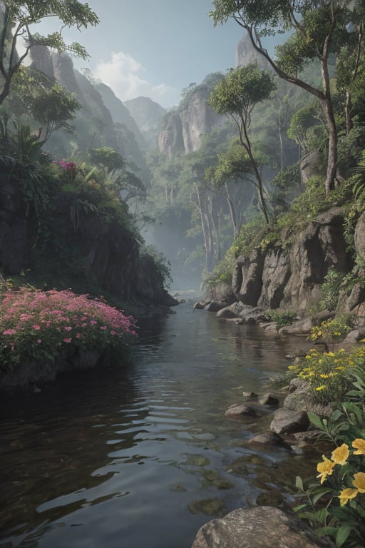 unreal engine 5 render, jungle, river, flowers, extremely detailed, colorful