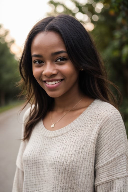 colorful photo, professional photo, closeup portrait photo of african girl, cute, wearing black sweater, happy face, dramatic lighting, nature,colorful, rainbow, bokeh