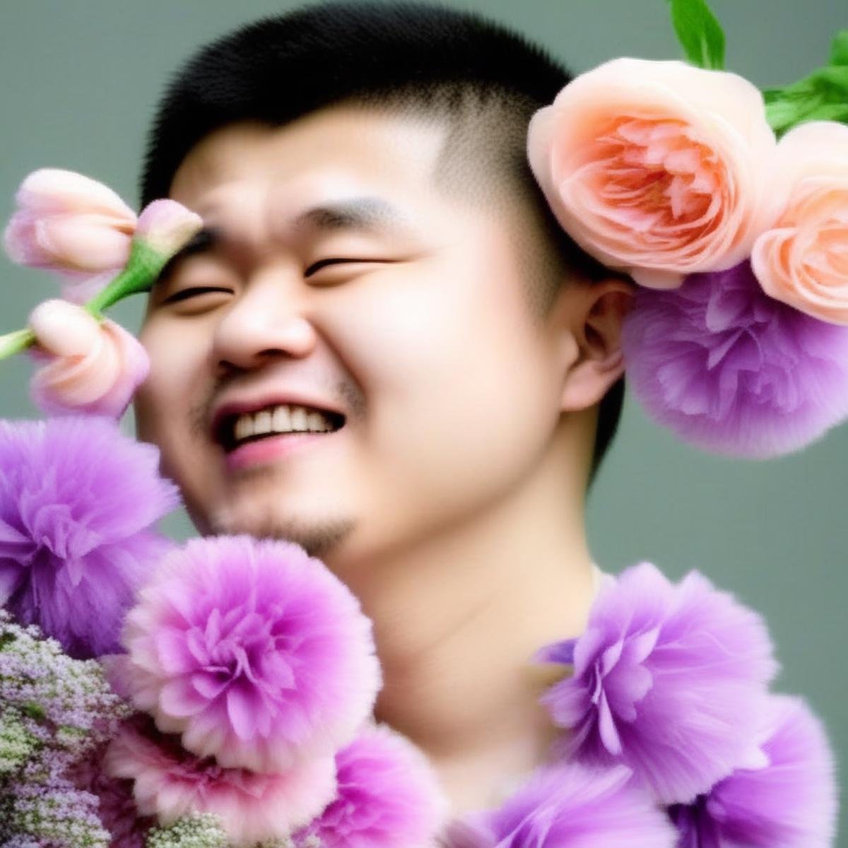 a chinese man taking a stupid flower pic