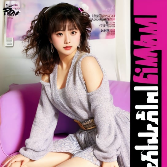 jpop cover 80s, 1girl, solo, looking at viewer, realistic, a text that says japanese idol