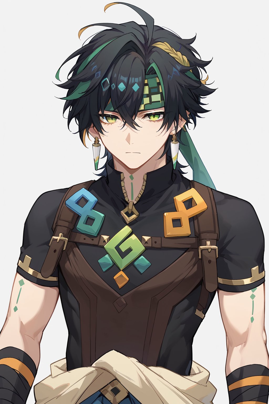 score_9, score_8_up, score_7_up, score_6_up,score_5_up,score_4_up, source_anime, rating_safe, BREAK 1boy, male focus, solo, kinich, black hair, green hair, multicolored hair, green eyes, gradient eyes, headband, black sleeves, short sleeves, clothes around waist, earrings, upper body, looking at viewer, simple background, mature male