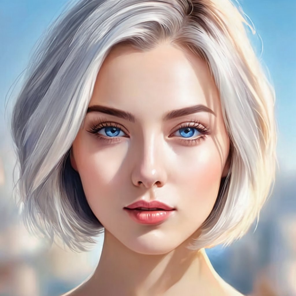 Ultra detailed, 8k quality, illustration, beautiful young woman, beautiful face, 1girl, solo, classic stacked bob hair, looking at viewer, white hair, closed mouth, blue eyes, day light, light on face, parted detailed lips, ultra detailed skin, potrait, close-up, ultra realestic,Photo_Realistic