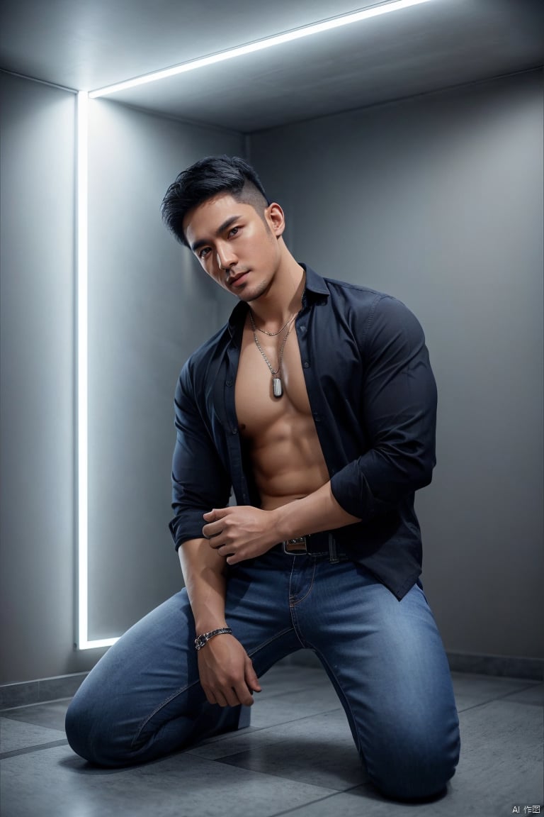 jzns,szz,1man,realistic,handsome,asian,solo,male focus,black hair,muscular,open shirt,necklace,short hair,kneeling,jeans,bulge,fluorescent light,masterpiece, realistic, Realism, best quality, highly detailed, 8K Ultra HD, sharp focus, profession