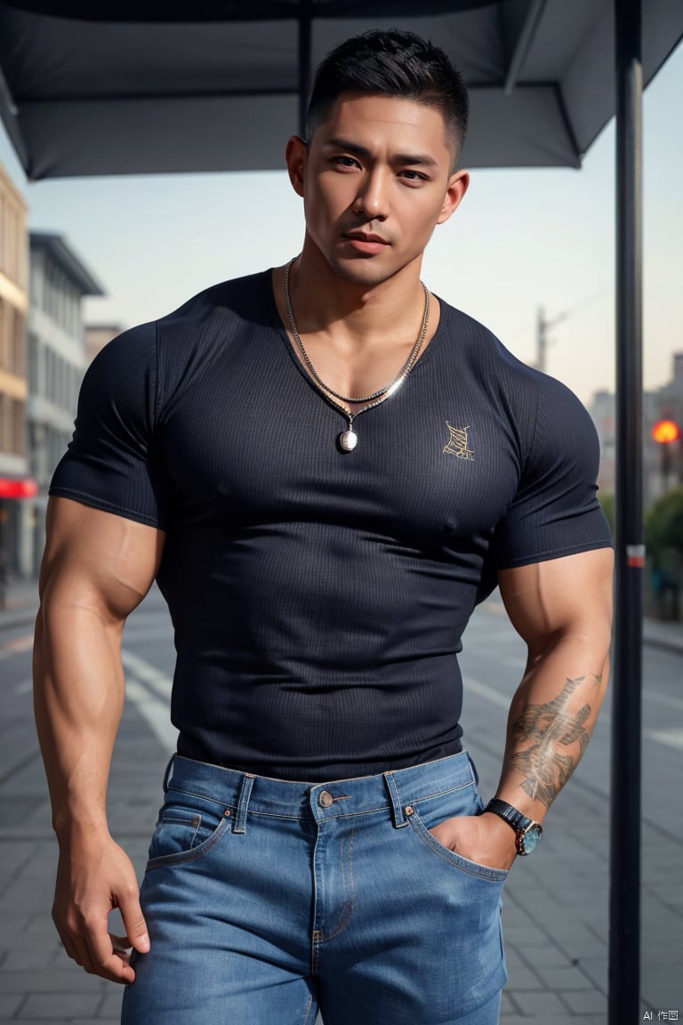 jzns,szz,1man,realistic,handsome,asian,solo,male focus,bodybuilder,muscular,necklace,buzz cut,tight shirt,jeans,in street,masterpiece, realistic, Realism, best quality, highly detailed, 8K Ultra HD, sharp focus, profession,jm