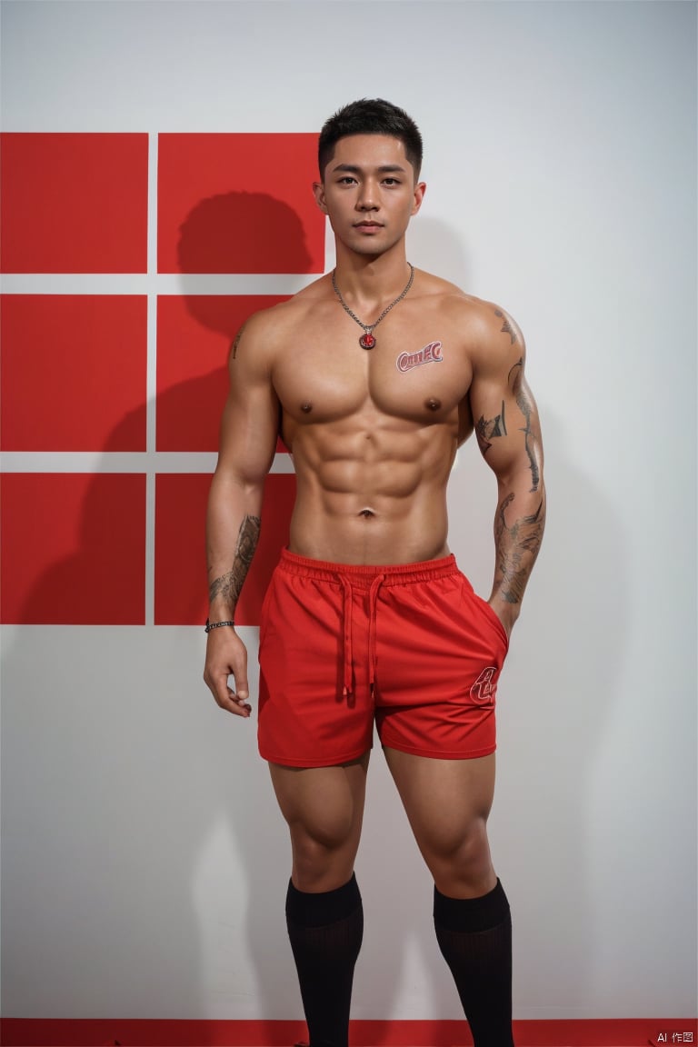 jzns,szz,1man,realistic,handsome,asian,solo,male focus, tattoo, jewelry, shorts, abs, nipples, navel, muscular, holding, pectorals, red shorts, short hair, black hair, pendant,black kneehigh socks,full body,masterpiece, realistic, Realism, best quality, highly detailed, 8K Ultra HD, sharp focus, profession