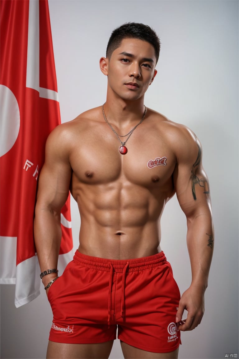 jzns,szz,1man,realistic,handsome,asian,solo,male focus, tattoo, jewelry, shorts, abs, nipples, navel, muscular, holding, pectorals, red shorts, short hair, black hair, pendant,black kneehigh socks,full body,masterpiece, realistic, Realism, best quality, highly detailed, 8K Ultra HD, sharp focus, profession