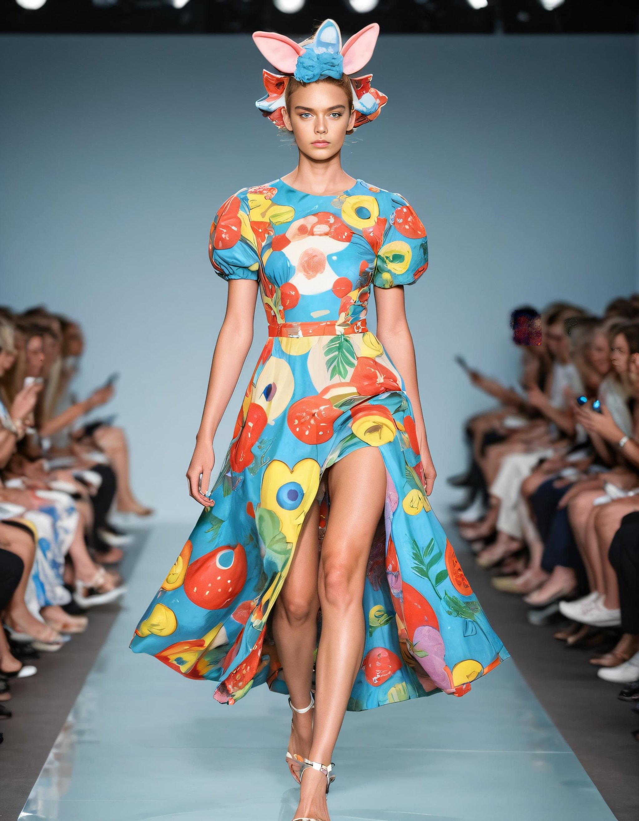 surreal clothes model on catwalk, crazy themes, absurd dress, summer vibes