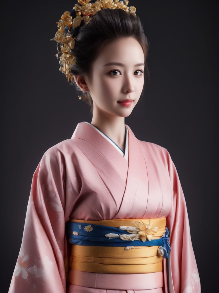 (masterpiece, high quality:1.5), (8K, HDR), realistic, ultra-detailed, ultra high res, photorealistic, RAW photo, realistic lighting, 
1girl, solo, upper body, black background, FuturEvoLabKimono, 