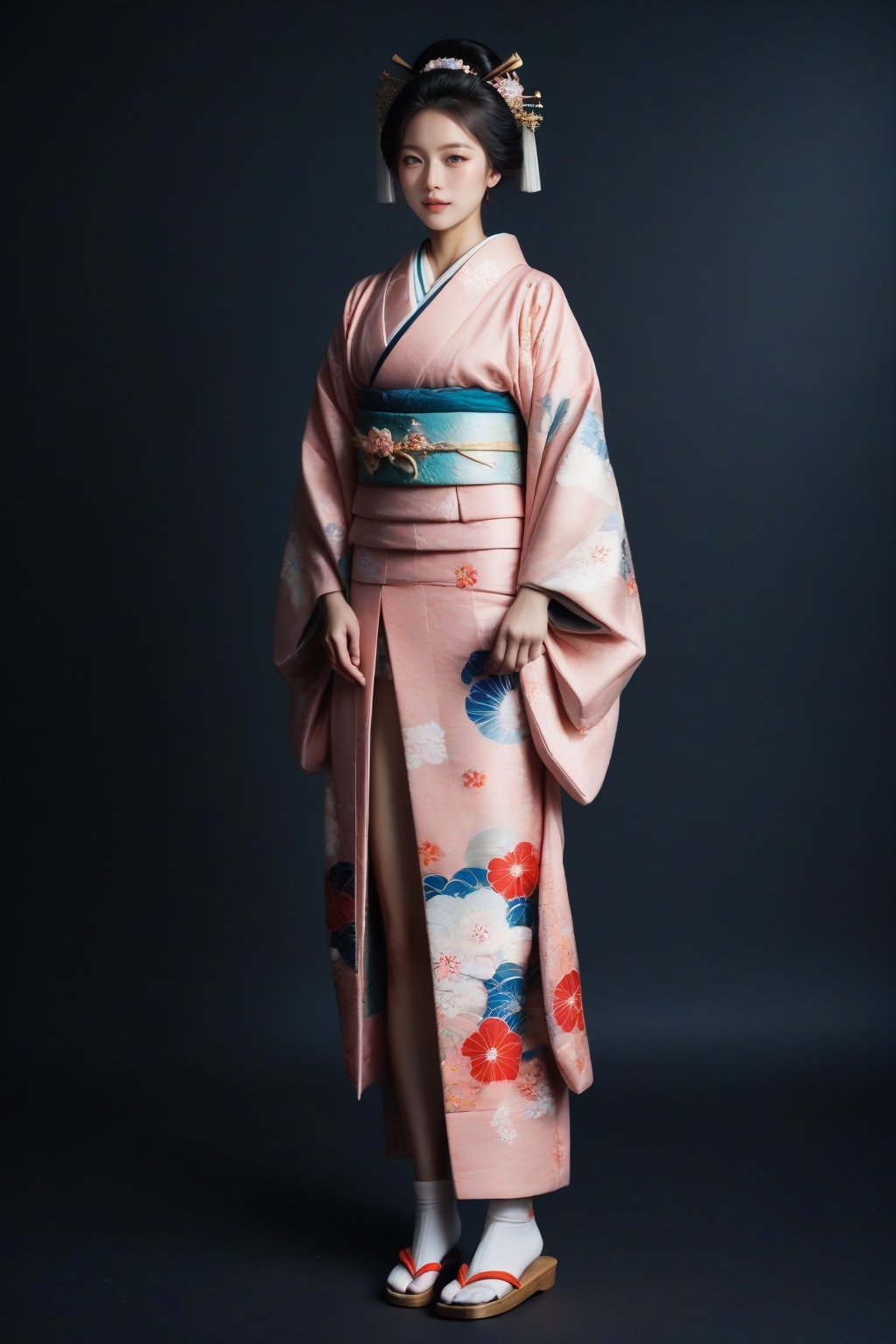 Score_9, Score_8_up, Score_7_up, Score_6_up, Score_5_up, Score_4_up, source_realistic, realistic, masterpiece, best quality, ultra-detailed, ultra high res, photorealistic, RAW photo, realistic lighting, 
BREAK
1girl, solo, full body, kimono, traditional japanese white socks, geta, traditional japanese sandals, FuturEvoLabKimono, FuturEvoLabgirl, black background, 