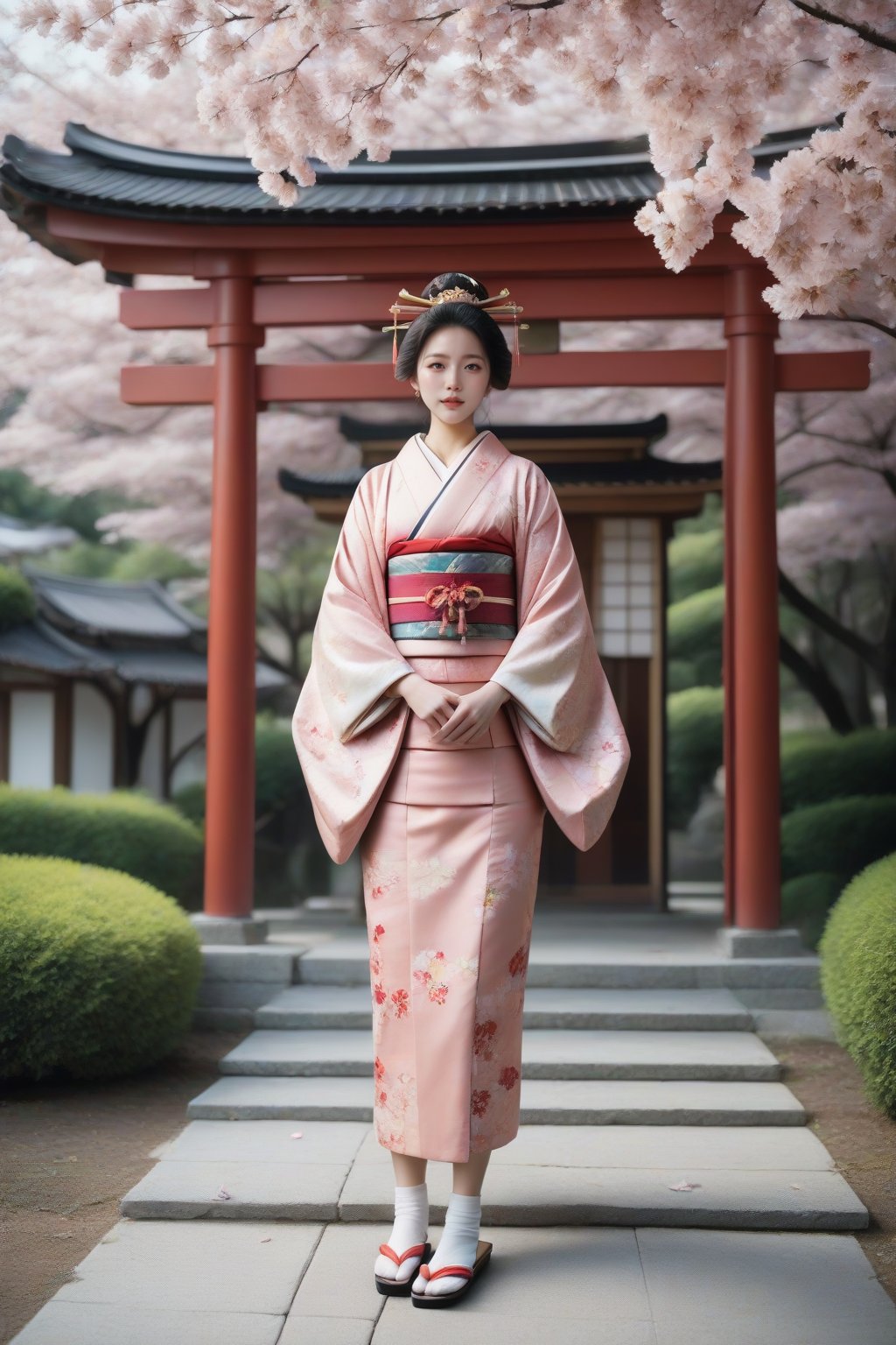 Score_9, Score_8_up, Score_7_up, Score_6_up, Score_5_up, Score_4_up, source_realistic, realistic, masterpiece, best quality, ultra-detailed, ultra high res, photorealistic, RAW photo, realistic lighting, 
BREAK
1girl, solo, full body, kimono, traditional japanese white socks, geta, traditional japanese sandals, FuturEvoLabKimono, FuturEvoLabgirl, cherry blossom tree, shrine, 