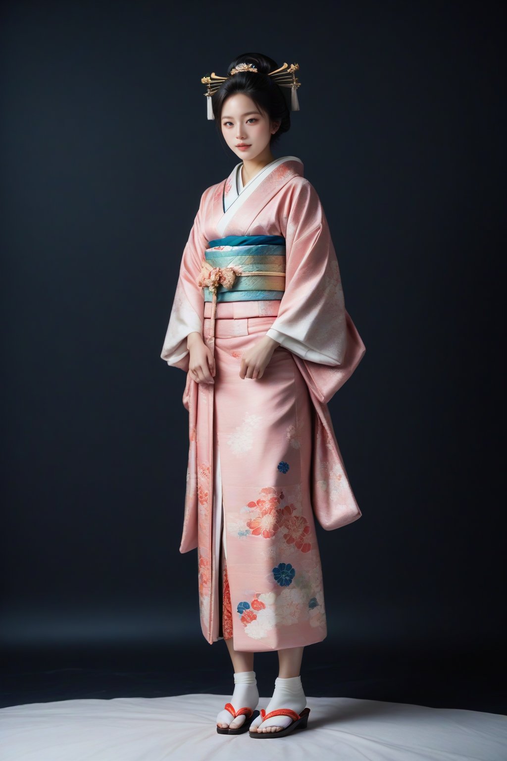 Score_9, Score_8_up, Score_7_up, Score_6_up, Score_5_up, Score_4_up, source_realistic, realistic, masterpiece, best quality, ultra-detailed, ultra high res, photorealistic, RAW photo, realistic lighting, 
BREAK
1girl, solo, full body, kimono, traditional japanese white socks, geta, traditional japanese sandals, FuturEvoLabKimono, FuturEvoLabgirl, black background, 