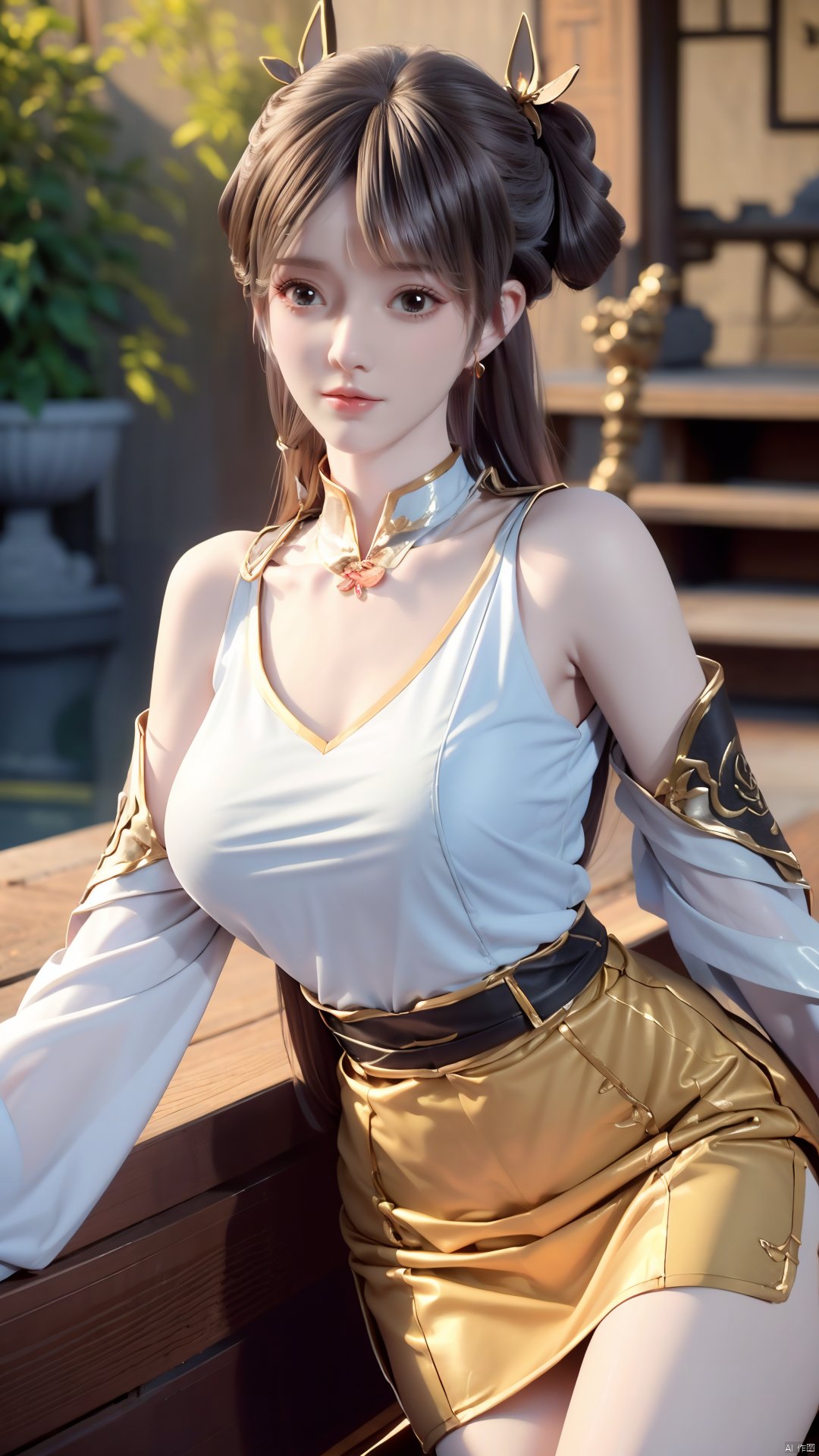 masterpiece,(best quality),official art,(extremely delicate and beautiful),solo,(yellow chinese clothes,yellow dress,bare shoulders,frilled collar,earrings,long sleeves),1girl,solo,black hair,facial mark,forehead mark,hair bun,hair ornament,hair stick,jewelry,long hair,,adfxx,,Xjinpinger,(big breasts:1.39),flowers,Waterfall, lotus, willow, butterfly,Xhanxue