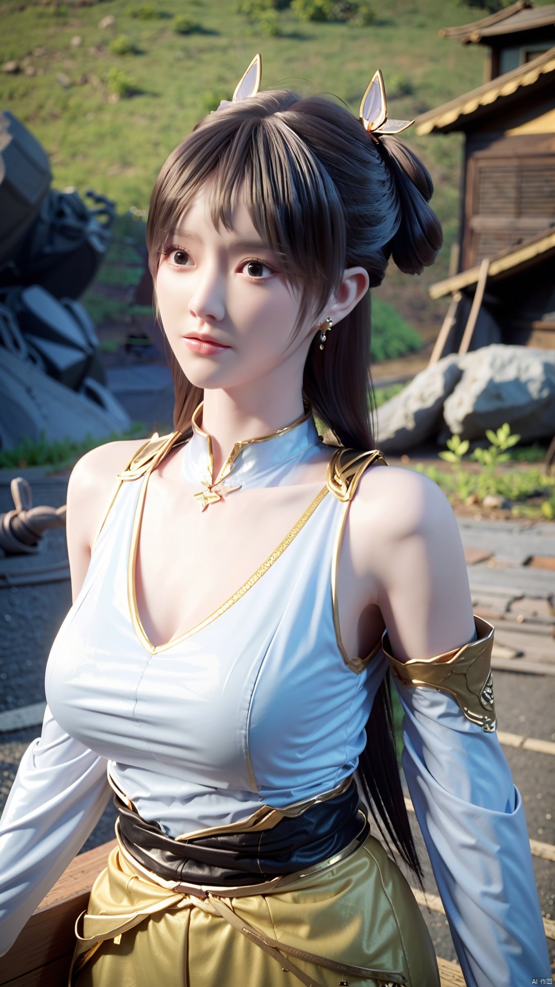 masterpiece,(best quality),official art,(extremely delicate and beautiful),solo,(yellow chinese clothes,yellow dress,bare shoulders,frilled collar,earrings,long sleeves),1girl,solo,black hair,facial mark,forehead mark,hair bun,hair ornament,hair stick,jewelry,long hair,,adfxx,,Xjinpinger,(big breasts:1.39),flowers,Waterfall, lotus, willow, butterfly,Xhanxue