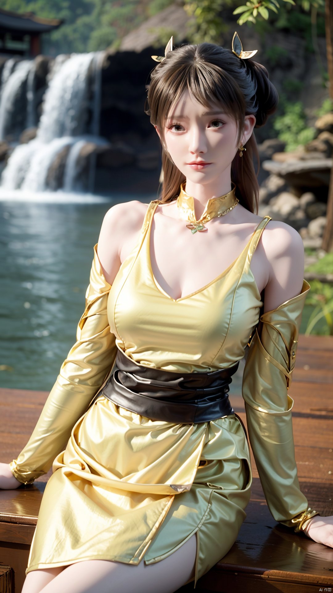 masterpiece,(best quality),official art,(extremely delicate and beautiful),solo,(yellow chinese clothes,yellow dress,bare shoulders,frilled collar,earrings,long sleeves),1girl,solo,black hair,facial mark,forehead mark,hair bun,hair ornament,hair stick,jewelry,long hair,,adfxx,,Xjinpinger,(big breasts:1.39),flowers,Waterfall, lotus, willow, butterfly,Xhanxue