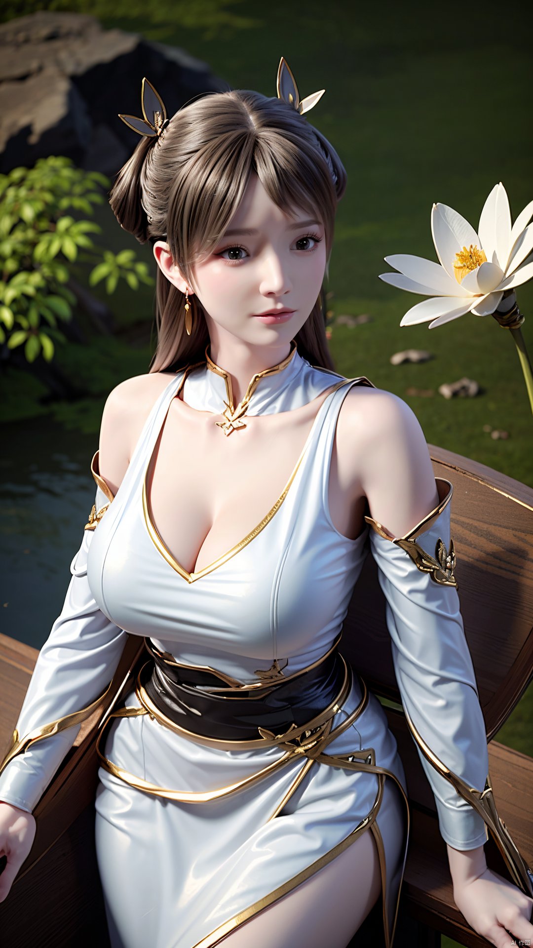 masterpiece,(best quality),official art,(extremely delicate and beautiful),solo,(yellow chinese clothes,yellow dress,bare shoulders,frilled collar,earrings,long sleeves),1girl,solo,black hair,facial mark,forehead mark,hair bun,hair ornament,hair stick,jewelry,long hair,,adfxx,,Xjinpinger,(big breasts:1.39),flowers,Waterfall, lotus, willow, butterfly,Xhanxue