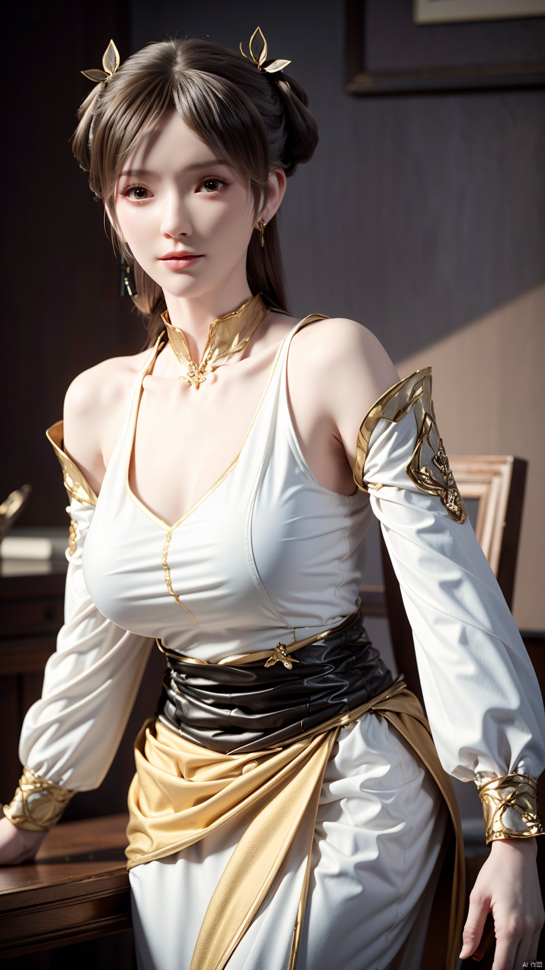 masterpiece,(best quality),official art,(extremely delicate and beautiful),solo,(yellow chinese clothes,yellow dress,bare shoulders,frilled collar,earrings,long sleeves),1girl,solo,black hair,facial mark,forehead mark,hair bun,hair ornament,hair stick,jewelry,long hair,,adfxx,,Xjinpinger,(big breasts:1.39),flowers,Waterfall, lotus, willow, butterfly,Xhanxue