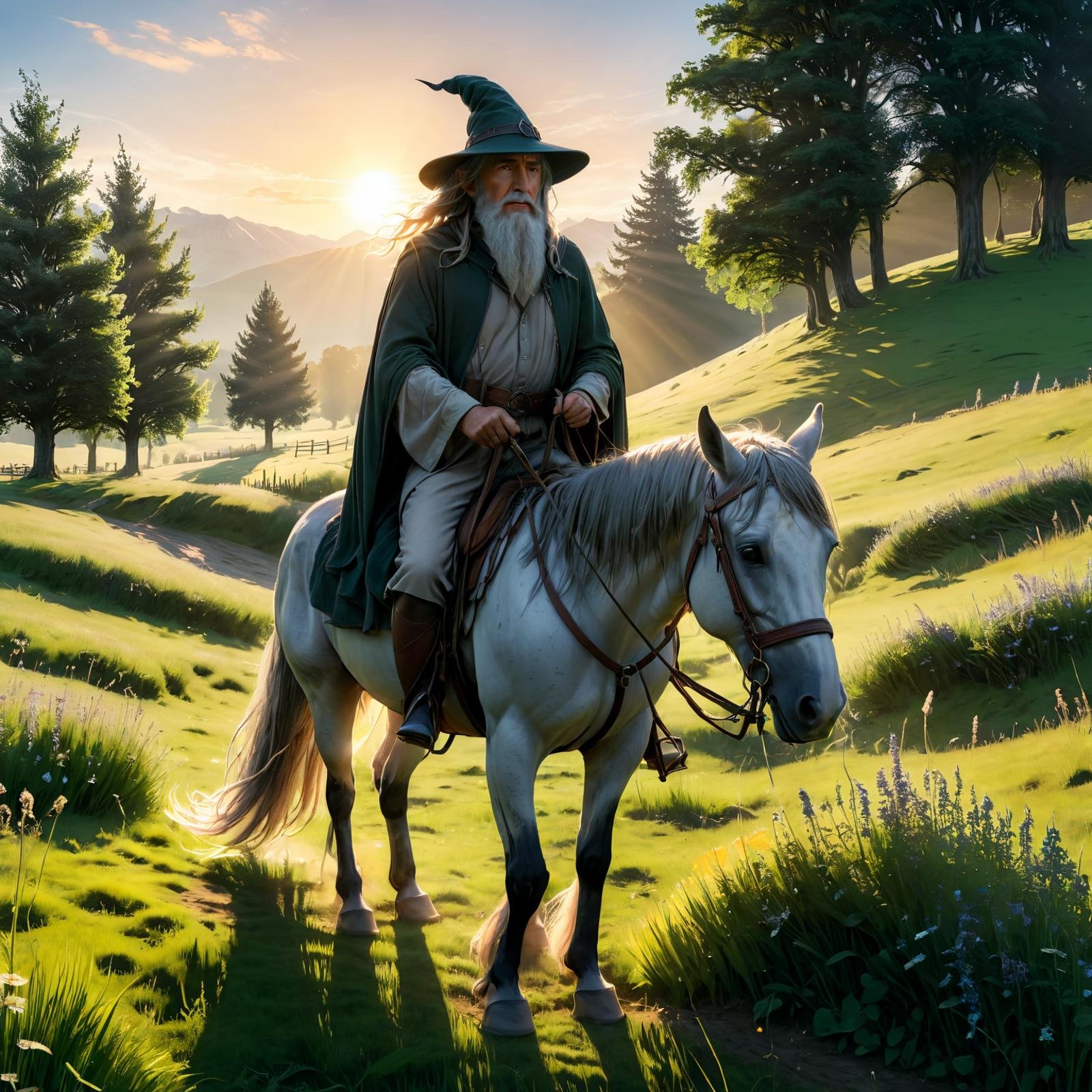 Gandalf from Lord of the Rings rides a horse on a summer meadow at sunrise,(masterpiece:1.2), (best quality:1.2), ultra-detailed, best shadow, detailed background, high contrast, (best illumination, an extremely delicate and beautiful), ((cinematic light)), hyper detail, dramatic light, intricate details, 8k, very aesthetic, ultra realistic,  deep focus, ultra sharp, <lora:TzigoAnimeXLStyle:1>