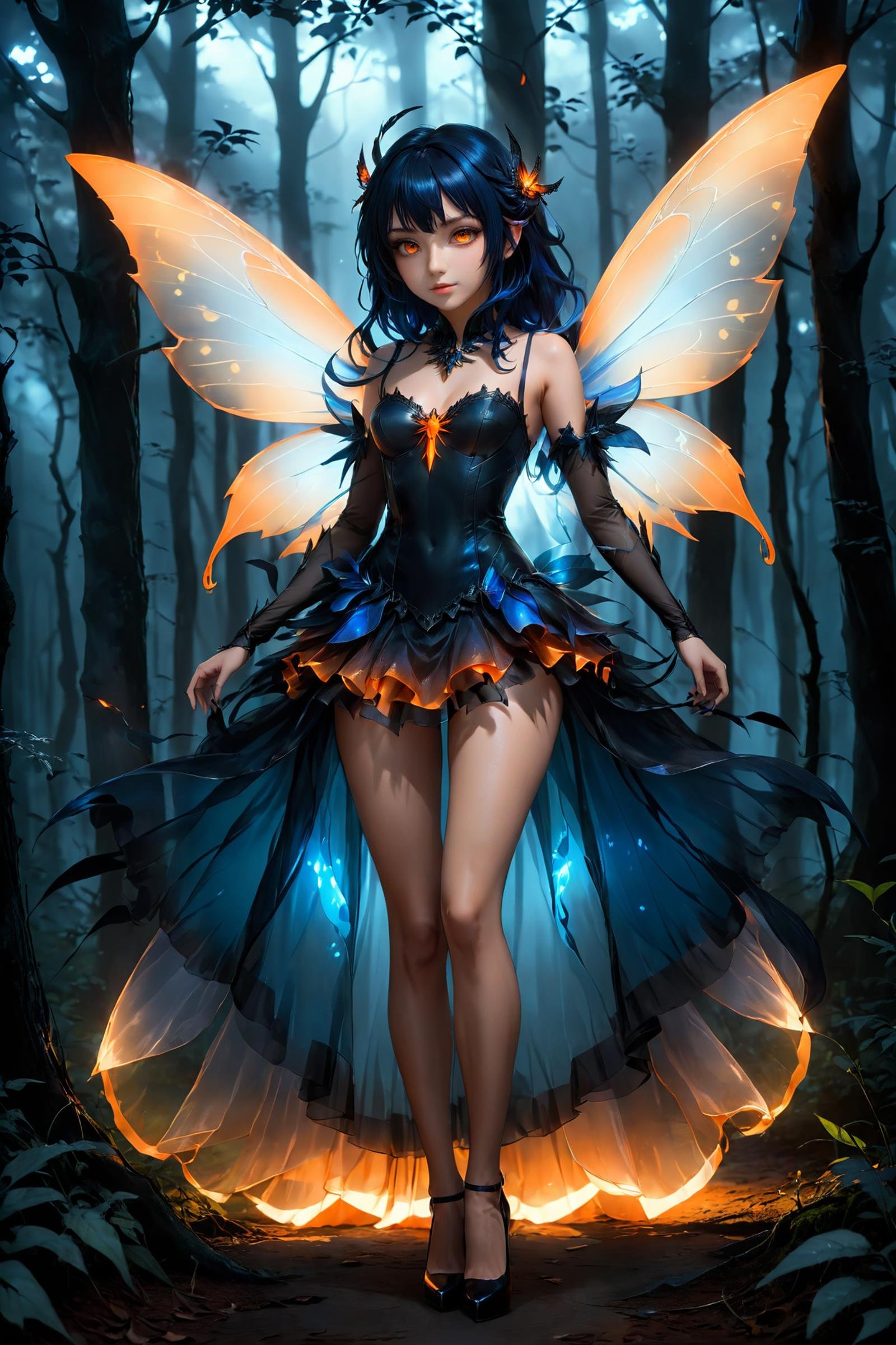 1 beautiful girl, black-blue hair, glowing orange eyes, black fairy wings, dark fairy style, mystic foggy forest background, full body view, sharp focus, deep of field,  black high heels,(masterpiece:1.2), (best quality:1.2), newest, ai-generated, ultra-detailed, best shadow, detailed background, high contrast, (best illumination, an extremely delicate and beautiful), ((cinematic light)), hyper detail, dramatic light, intricate details, 8k, anime, very aesthetic, <lora:TzigoAnimeXLStyle:1>