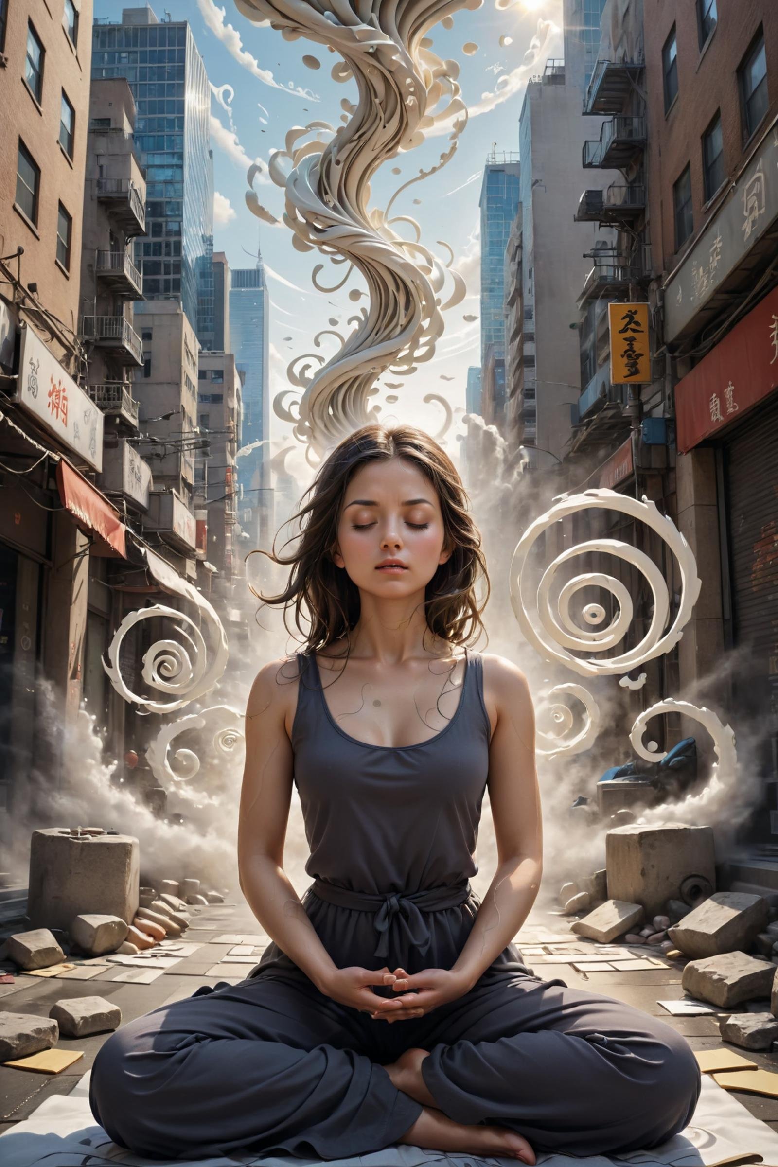 A (((figure))) in a state of profound (((meditation))) amidst the chaotic bustle of an urban environment, with eyes closed and hands held in a tranquil pose, emanating a powerful concentration that draws (((intricate swirls of energy))), suggestive of the alluring allure of financial success through mindful contemplation. ultra realistic, (masterpiece:1.2), (best quality:1.2), ultra-detailed, best shadow, detailed background, high contrast, (best illumination, an extremely delicate and beautiful), ((cinematic light)), 8k, very aesthetic, <lora:TzigoAnimeXLStyle:1>