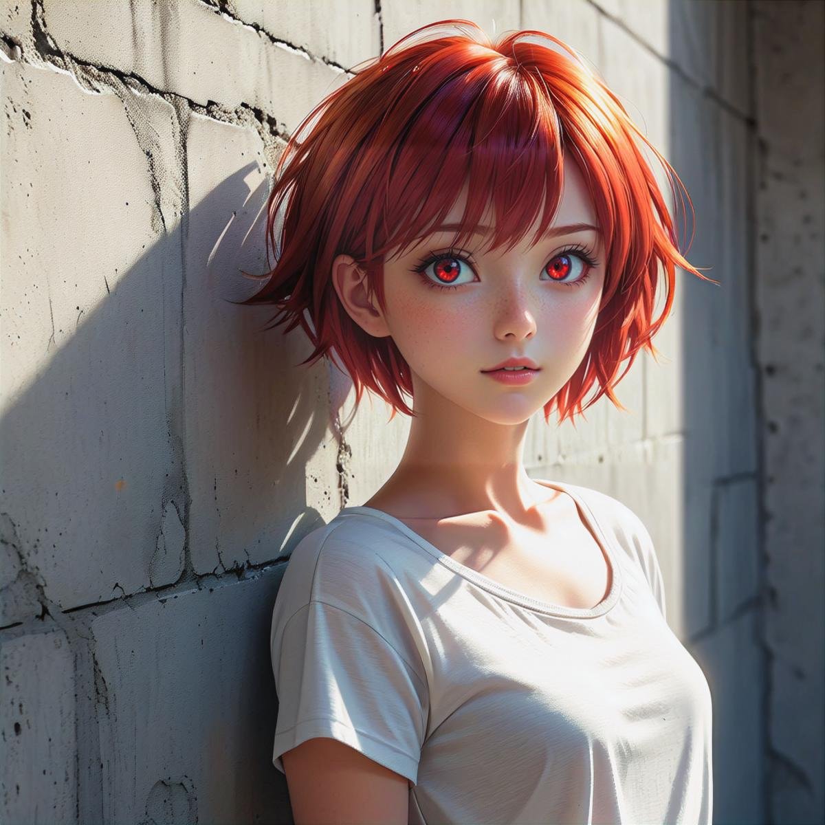 1 beautiful girl, details red eyes, short red hair, cool pose, concrete wall, slim body, small breasts, rays of sunshine, photorealisim, cinematic, (masterpiece:1.2), (best quality:1.2), newest, ai-generated, ultra-detailed, best shadow, detailed background, high contrast, (best illumination, an extremely delicate and beautiful), ((cinematic light)), hyper detail, dramatic light, intricate details, 8k, anime, very aesthetic, vibrant color, 