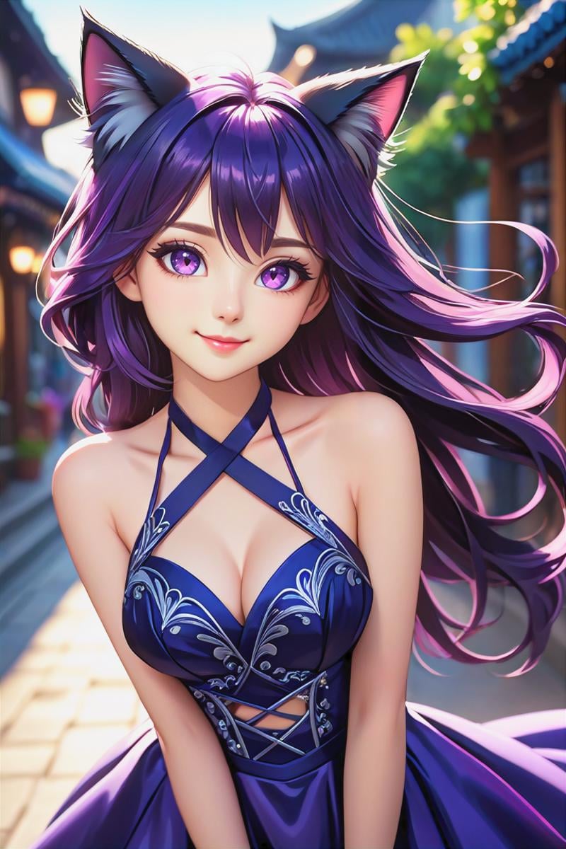 1 cute girl, 18yo, most beautiful, cute, (gorgeous face), eyeliner, ((extreme long hair)), ((dark violet hair and cat ears)), ((hair blows in the wind)), (pink eyes), slim waist, narrow shoulders, short torso, soft thighs, short face, (happy smile), ((medium small round breasts)), (beautiful detailed eyes), reflections in eyes, symmetrical eyes, (beautifully detailed face), detailed lips:1, detailed iris,  (((dark blue and silver criss cross halter dress), perfect beautiful detailed dress ((fantasy world)), beautiful detailed background,  absurdres,  portrait,(masterpiece:1.2), (best quality:1.2), newest, ai-generated, ultra-detailed, best shadow, detailed background, high contrast, (best illumination, an extremely delicate and beautiful), ((cinematic light)), hyper detail, dramatic light, intricate details, 8k, anime, very aesthetic