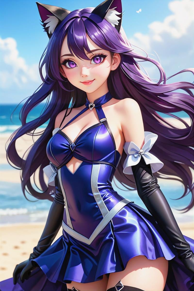 1 cute girl, 18yo, most beautiful, cute, (gorgeous face), eyeliner, ((extreme long hair)), ((dark violet hair and cat ears)), ((hair blows in the wind)), (pink eyes), slim waist, narrow shoulders, short torso, soft thighs, short face, (happy smile), ((medium small round breasts)), (beautiful detailed eyes), reflections in eyes, symmetrical eyes, (beautifully detailed face), detailed lips:1, detailed iris,  (((dark blue and silver criss cross halter dress), perfect beautiful detailed dress ((fantasy world)), beautiful detailed background,  absurdres,  portrait,(masterpiece:1.2), (best quality:1.2), newest, ai-generated, ultra-detailed, best shadow, detailed background, high contrast, (best illumination, an extremely delicate and beautiful), ((cinematic light)), hyper detail, dramatic light, intricate details, 8k, anime, very aesthetic,latex princess, thighhighs, elbow gloves, breasts apart, navel, detached sleeves, center opening,