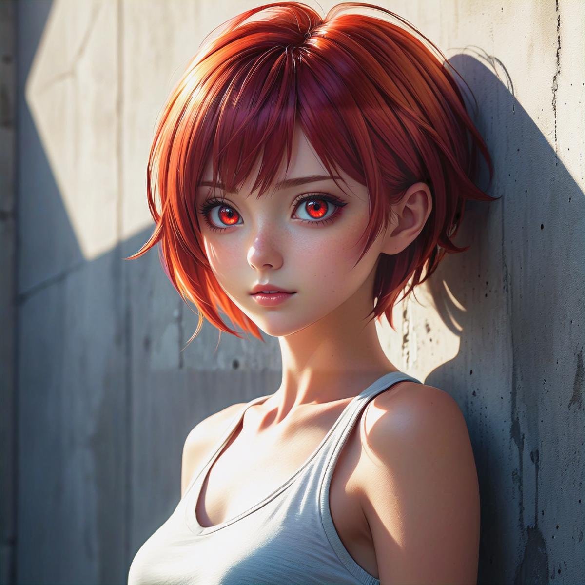 1 beautiful girl, details red eyes, short red hair, cool pose, concrete wall, slim body, small breasts, rays of sunshine, photorealisim, cinematic, (masterpiece:1.2), (best quality:1.2), newest, ai-generated, ultra-detailed, best shadow, detailed background, high contrast, (best illumination, an extremely delicate and beautiful), ((cinematic light)), hyper detail, dramatic light, intricate details, 8k, anime, very aesthetic, vibrant color, 