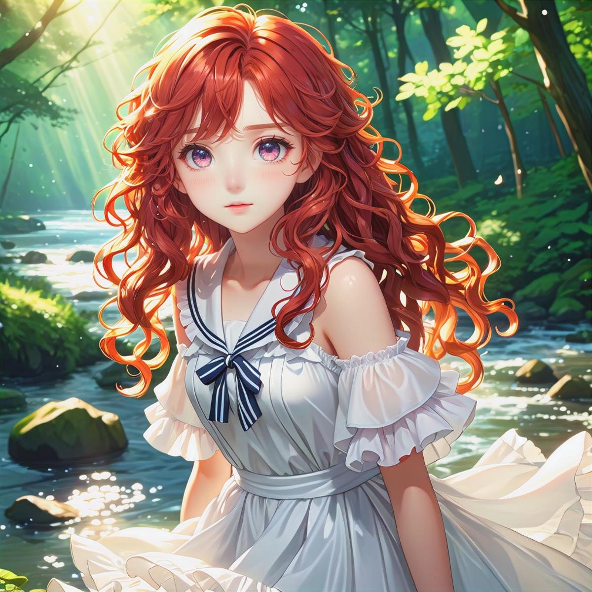 1 girl, long wavy curly red hair, expressionless, ((white idol dress)), anglesailor dress, (detailed wet clothes), silk shawl, frills,cute anime face ,blush,(beautiful detailed eyes), nature, sunlight, river, forest, beautiful and delicate water, shine, small breats, (masterpiece:1.2), (best quality:1.2), newest, ai-generated, ultra-detailed, best shadow, detailed background, high contrast, (best illumination, an extremely delicate and beautiful), ((cinematic light)), hyper detail, dramatic light, intricate details, 8k, anime, very aesthetic, vibrant color, 