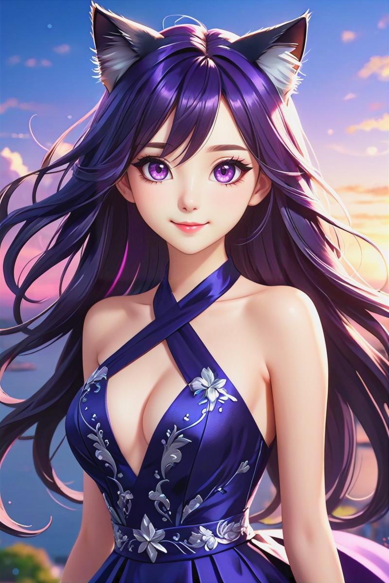 1 cute girl, 18yo, most beautiful, cute, (gorgeous face), eyeliner, ((extreme long hair)), ((dark violet hair and cat ears)), ((hair blows in the wind)), (pink eyes), slim waist, narrow shoulders, short torso, soft thighs, short face, (happy smile), ((medium small round breasts)), (beautiful detailed eyes), reflections in eyes, symmetrical eyes, (beautifully detailed face), detailed lips:1, detailed iris,  (((dark blue and silver criss cross halter dress), perfect beautiful detailed dress ((fantasy world)), beautiful detailed background,  absurdres,  portrait,(masterpiece:1.2), (best quality:1.2), newest, ai-generated, ultra-detailed, best shadow, detailed background, high contrast, (best illumination, an extremely delicate and beautiful), ((cinematic light)), hyper detail, dramatic light, intricate details, 8k, anime, very aesthetic