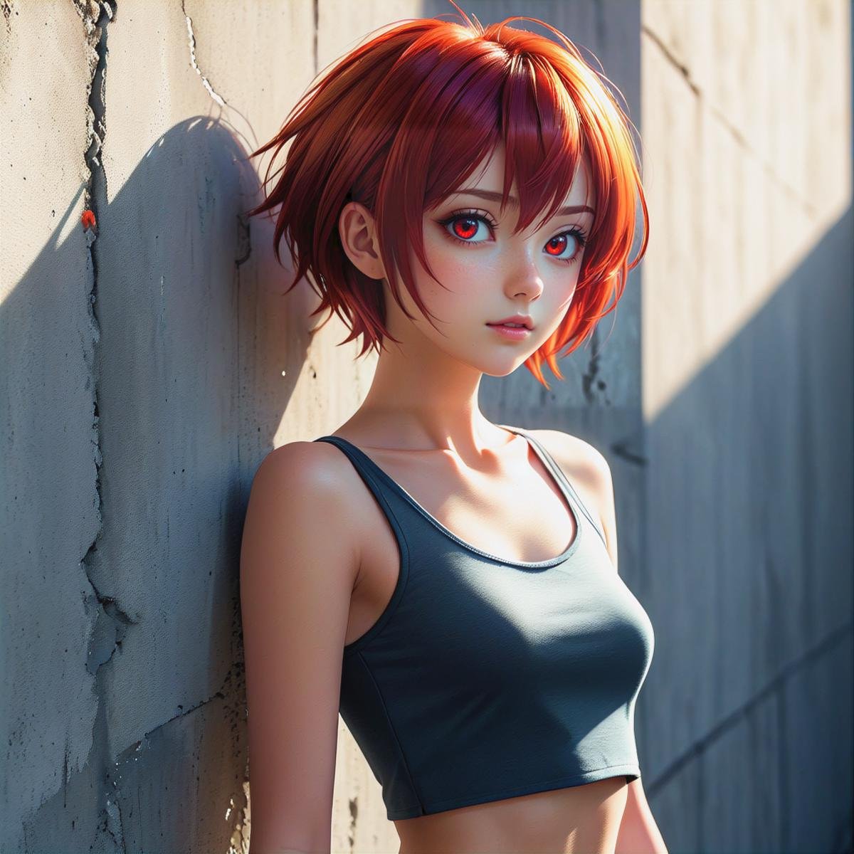 1 beautiful girl, details red eyes, short red hair, cool pose, concrete wall, slim body, small breasts, rays of sunshine, photorealisim, cinematic, (masterpiece:1.2), (best quality:1.2), newest, ai-generated, ultra-detailed, best shadow, detailed background, high contrast, (best illumination, an extremely delicate and beautiful), ((cinematic light)), hyper detail, dramatic light, intricate details, 8k, anime, very aesthetic, vibrant color, 