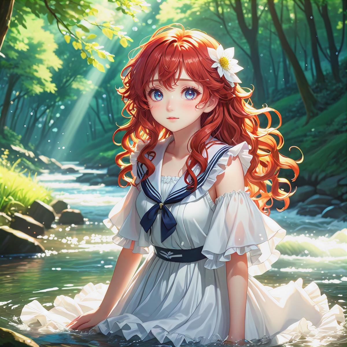 1 girl, long wavy curly red hair, expressionless, ((white idol dress)), anglesailor dress, (detailed wet clothes), silk shawl, frills,cute anime face ,blush,(beautiful detailed eyes), nature, sunlight, river, forest, beautiful and delicate water, shine, small breats, (masterpiece:1.2), (best quality:1.2), newest, ai-generated, ultra-detailed, best shadow, detailed background, high contrast, (best illumination, an extremely delicate and beautiful), ((cinematic light)), hyper detail, dramatic light, intricate details, 8k, anime, very aesthetic, vibrant color, 