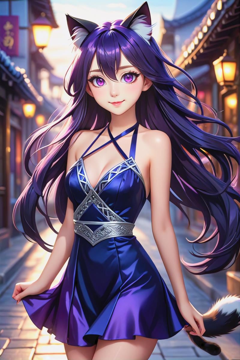 1 cute girl, 18yo, most beautiful, cute, (gorgeous face), eyeliner, ((extreme long hair)), ((dark violet hair and cat ears)), ((hair blows in the wind)), (pink eyes), slim waist, narrow shoulders, short torso, soft thighs, short face, (happy smile), ((medium small round breasts)), (beautiful detailed eyes), reflections in eyes, symmetrical eyes, (beautifully detailed face), detailed lips:1, detailed iris,  (((dark blue and silver criss cross halter dress), perfect beautiful detailed dress ((fantasy world)), beautiful detailed background,  absurdres,  portrait,(masterpiece:1.2), (best quality:1.2), newest, ai-generated, ultra-detailed, best shadow, detailed background, high contrast, (best illumination, an extremely delicate and beautiful), ((cinematic light)), hyper detail, dramatic light, intricate details, 8k, anime, very aesthetic