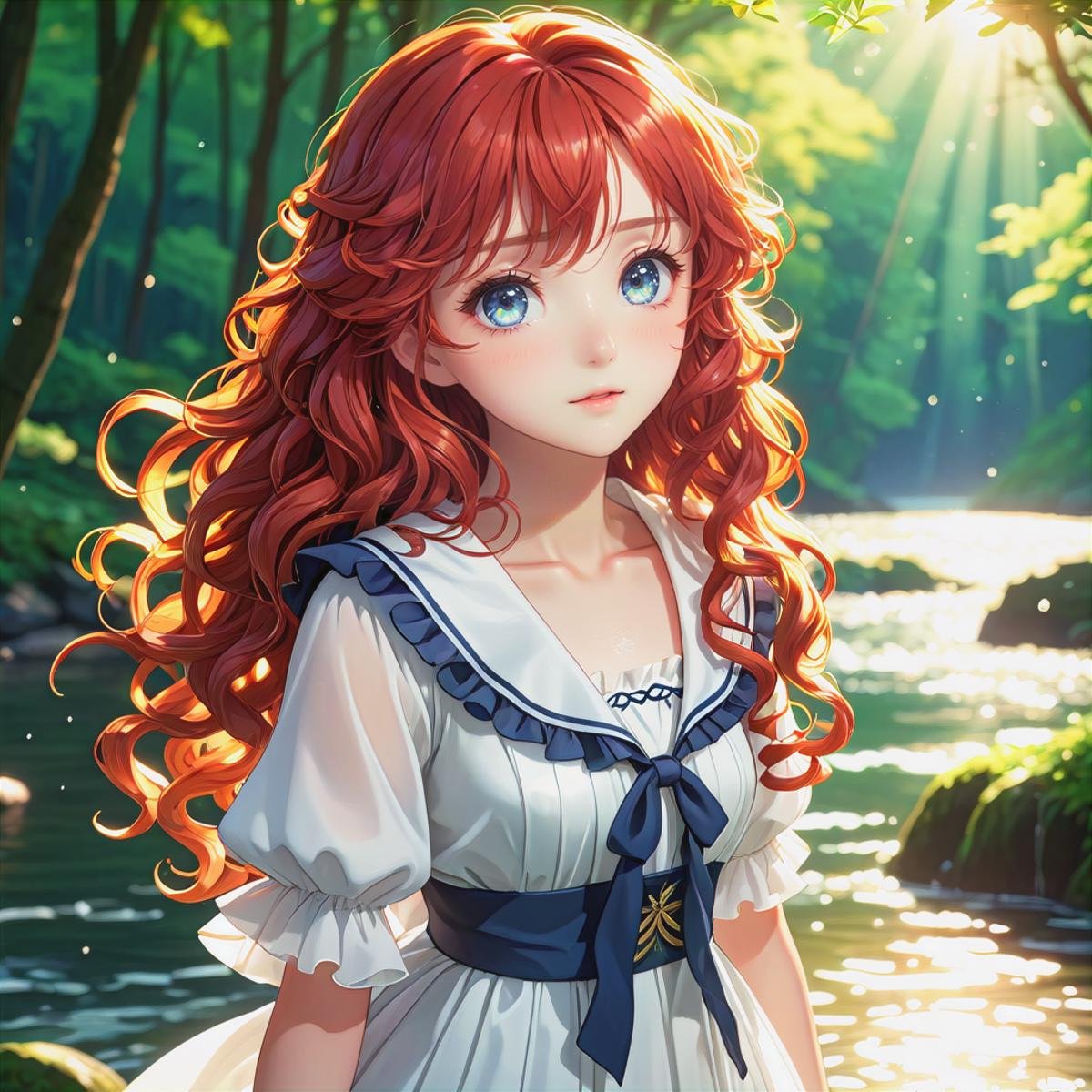 1 girl, long wavy curly red hair, expressionless, ((white idol dress)), anglesailor dress, (detailed wet clothes), silk shawl, frills,cute anime face ,blush,(beautiful detailed eyes), nature, sunlight, river, forest, beautiful and delicate water, shine, small breats, (masterpiece:1.2), (best quality:1.2), newest, ai-generated, ultra-detailed, best shadow, detailed background, high contrast, (best illumination, an extremely delicate and beautiful), ((cinematic light)), hyper detail, dramatic light, intricate details, 8k, anime, very aesthetic, vibrant color, 