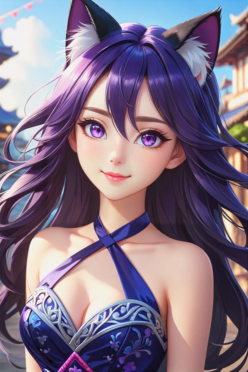 1 cute girl, 18yo, most beautiful, cute, (gorgeous face), eyeliner, ((extreme long hair)), ((dark violet hair and cat ears)), ((hair blows in the wind)), (pink eyes), slim waist, narrow shoulders, short torso, soft thighs, short face, (happy smile), ((medium small round breasts)), (beautiful detailed eyes), reflections in eyes, symmetrical eyes, (beautifully detailed face), detailed lips:1, detailed iris,  (((dark blue and silver criss cross halter dress), perfect beautiful detailed dress ((fantasy world)), beautiful detailed background,  absurdres,  portrait,(masterpiece:1.2), (best quality:1.2), newest, ai-generated, ultra-detailed, best shadow, detailed background, high contrast, (best illumination, an extremely delicate and beautiful), ((cinematic light)), hyper detail, dramatic light, intricate details, 8k, anime, very aesthetic